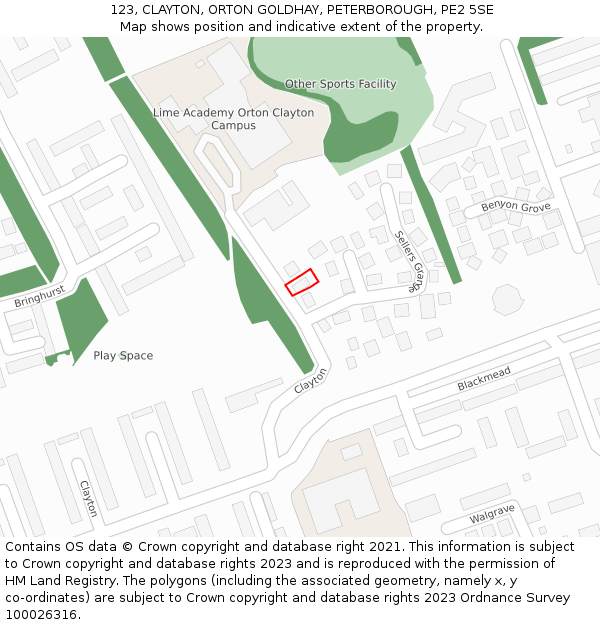 123, CLAYTON, ORTON GOLDHAY, PETERBOROUGH, PE2 5SE: Location map and indicative extent of plot