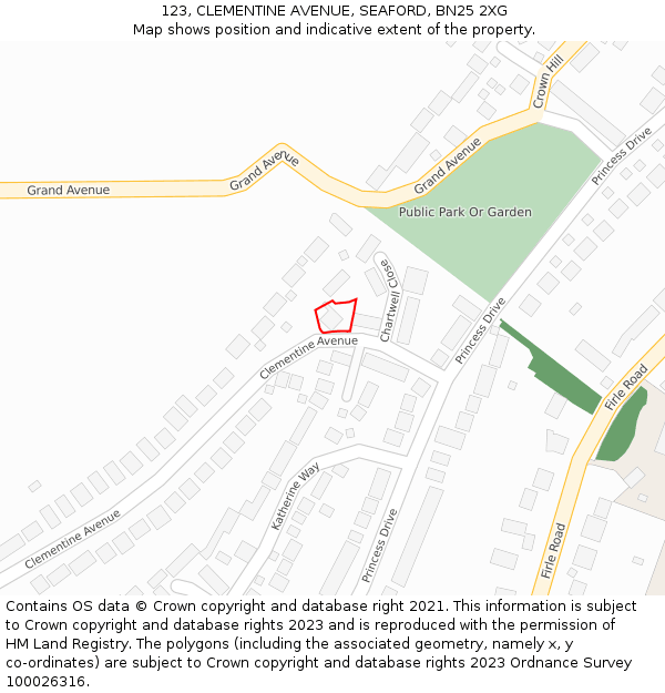 123, CLEMENTINE AVENUE, SEAFORD, BN25 2XG: Location map and indicative extent of plot