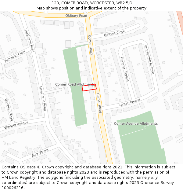 123, COMER ROAD, WORCESTER, WR2 5JD: Location map and indicative extent of plot