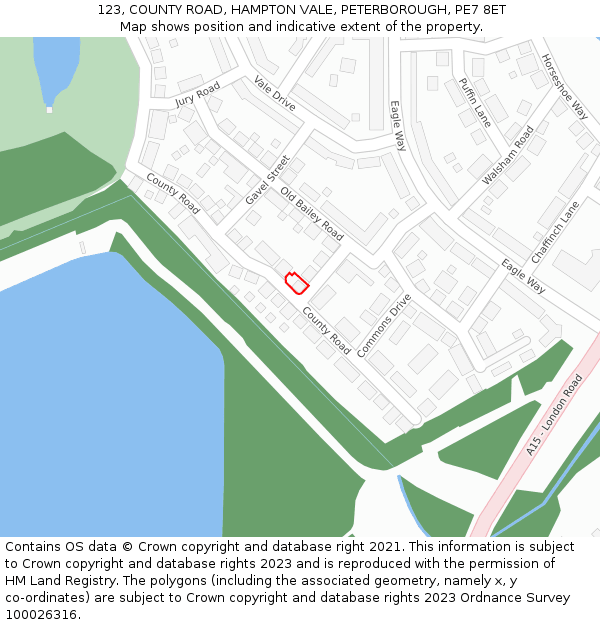 123, COUNTY ROAD, HAMPTON VALE, PETERBOROUGH, PE7 8ET: Location map and indicative extent of plot
