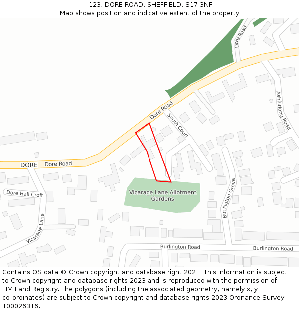 123, DORE ROAD, SHEFFIELD, S17 3NF: Location map and indicative extent of plot