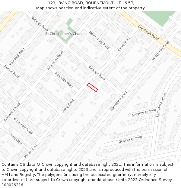 123, IRVING ROAD, BOURNEMOUTH, BH6 5BJ: Location map and indicative extent of plot
