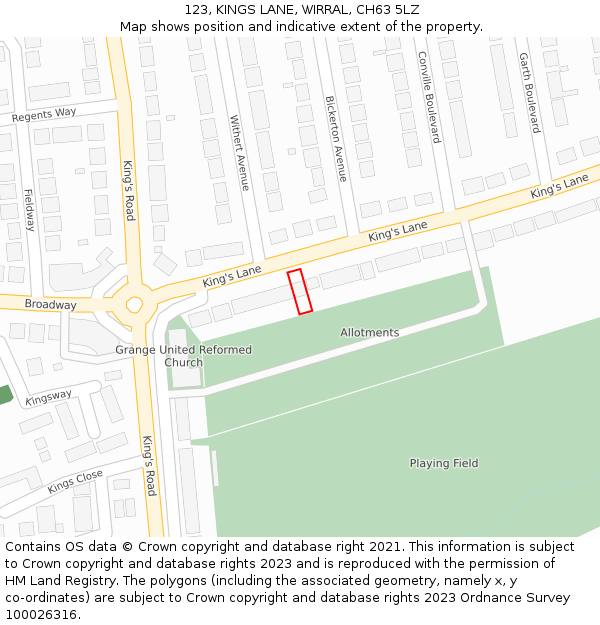 123, KINGS LANE, WIRRAL, CH63 5LZ: Location map and indicative extent of plot