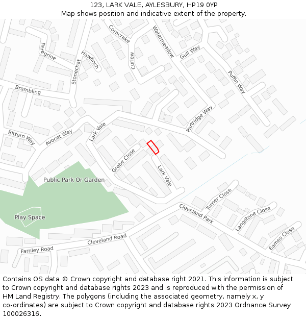 123, LARK VALE, AYLESBURY, HP19 0YP: Location map and indicative extent of plot