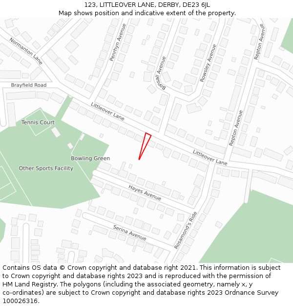 123, LITTLEOVER LANE, DERBY, DE23 6JL: Location map and indicative extent of plot