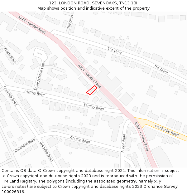 123, LONDON ROAD, SEVENOAKS, TN13 1BH: Location map and indicative extent of plot
