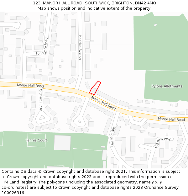 123, MANOR HALL ROAD, SOUTHWICK, BRIGHTON, BN42 4NQ: Location map and indicative extent of plot