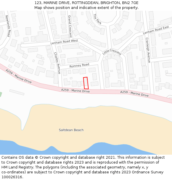123, MARINE DRIVE, ROTTINGDEAN, BRIGHTON, BN2 7GE: Location map and indicative extent of plot