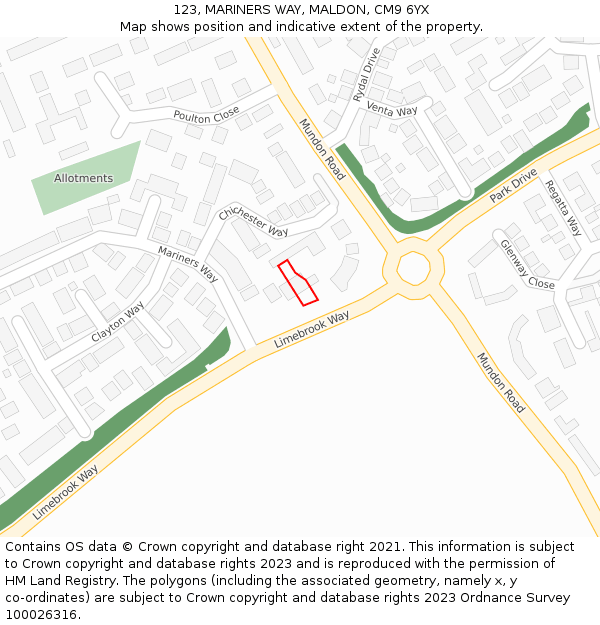 123, MARINERS WAY, MALDON, CM9 6YX: Location map and indicative extent of plot