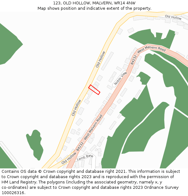 123, OLD HOLLOW, MALVERN, WR14 4NW: Location map and indicative extent of plot