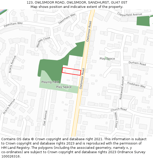 123, OWLSMOOR ROAD, OWLSMOOR, SANDHURST, GU47 0ST: Location map and indicative extent of plot