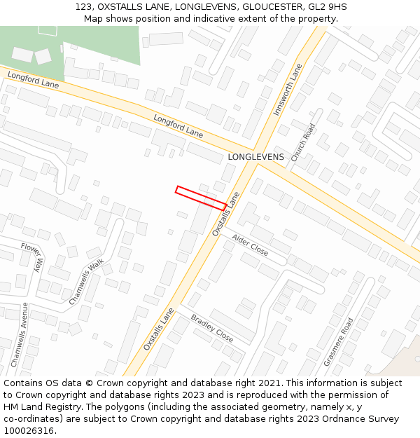 123, OXSTALLS LANE, LONGLEVENS, GLOUCESTER, GL2 9HS: Location map and indicative extent of plot