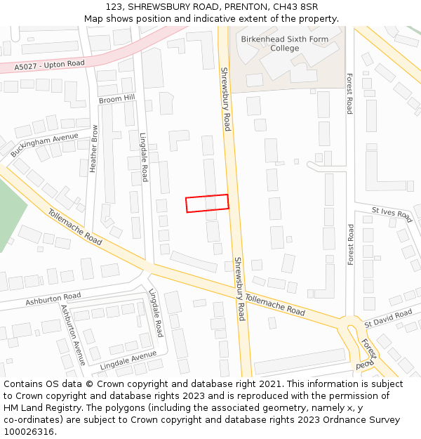123, SHREWSBURY ROAD, PRENTON, CH43 8SR: Location map and indicative extent of plot