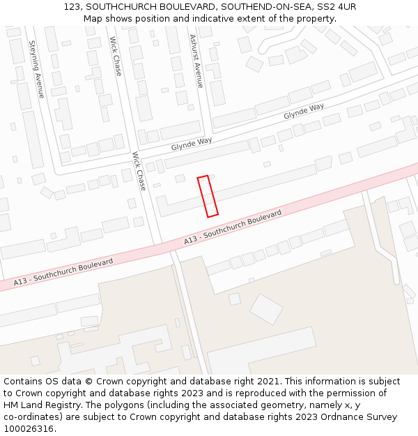 123, SOUTHCHURCH BOULEVARD, SOUTHEND-ON-SEA, SS2 4UR: Location map and indicative extent of plot