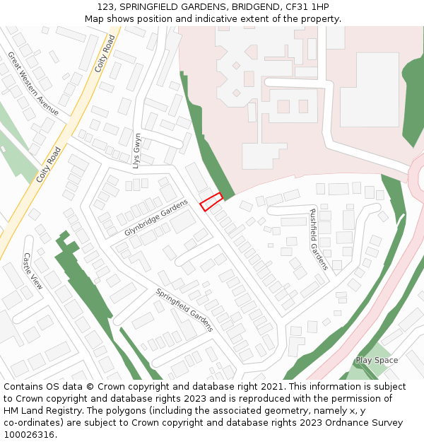 123, SPRINGFIELD GARDENS, BRIDGEND, CF31 1HP: Location map and indicative extent of plot