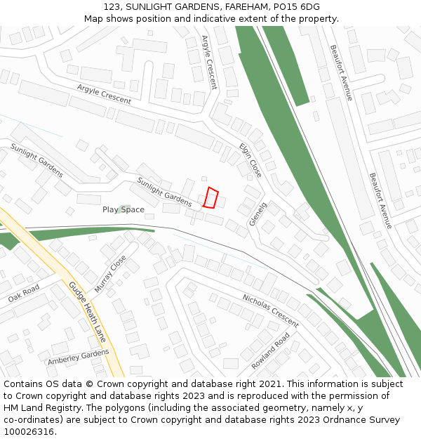 123, SUNLIGHT GARDENS, FAREHAM, PO15 6DG: Location map and indicative extent of plot