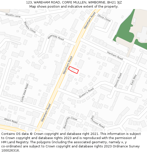 123, WAREHAM ROAD, CORFE MULLEN, WIMBORNE, BH21 3JZ: Location map and indicative extent of plot