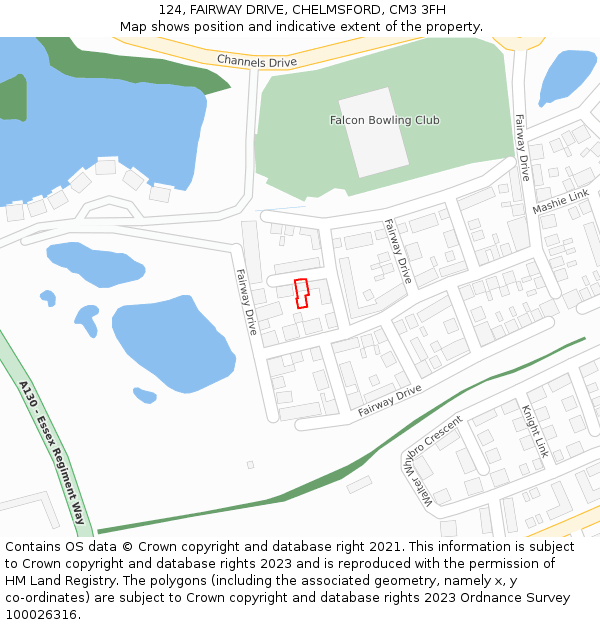124, FAIRWAY DRIVE, CHELMSFORD, CM3 3FH: Location map and indicative extent of plot
