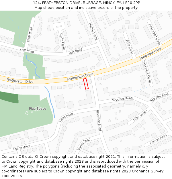 124, FEATHERSTON DRIVE, BURBAGE, HINCKLEY, LE10 2PP: Location map and indicative extent of plot