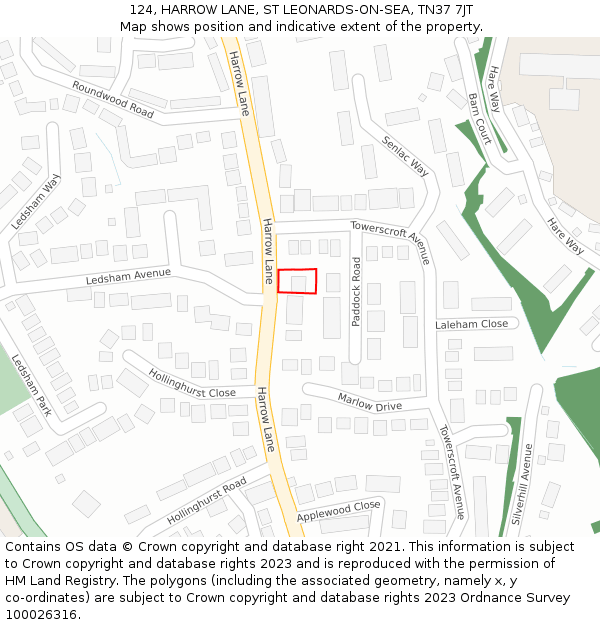124, HARROW LANE, ST LEONARDS-ON-SEA, TN37 7JT: Location map and indicative extent of plot