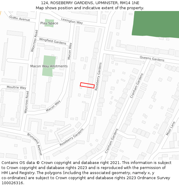 124, ROSEBERRY GARDENS, UPMINSTER, RM14 1NE: Location map and indicative extent of plot