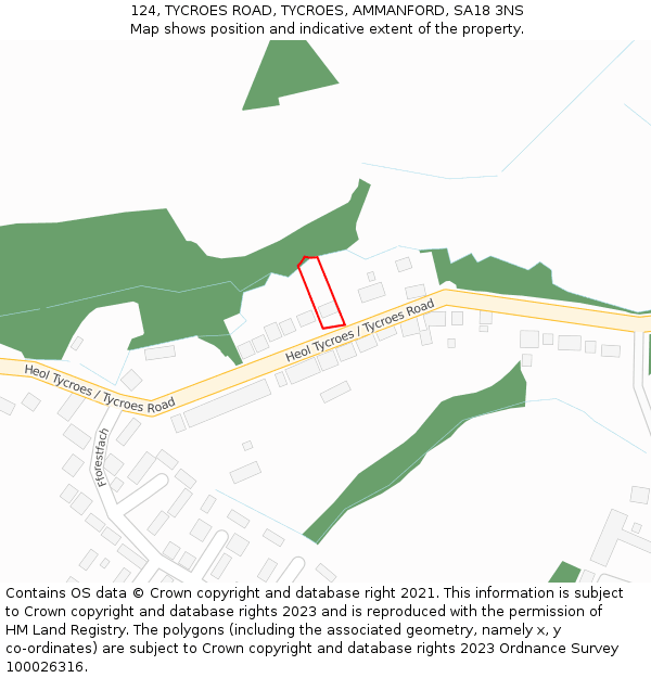 124, TYCROES ROAD, TYCROES, AMMANFORD, SA18 3NS: Location map and indicative extent of plot