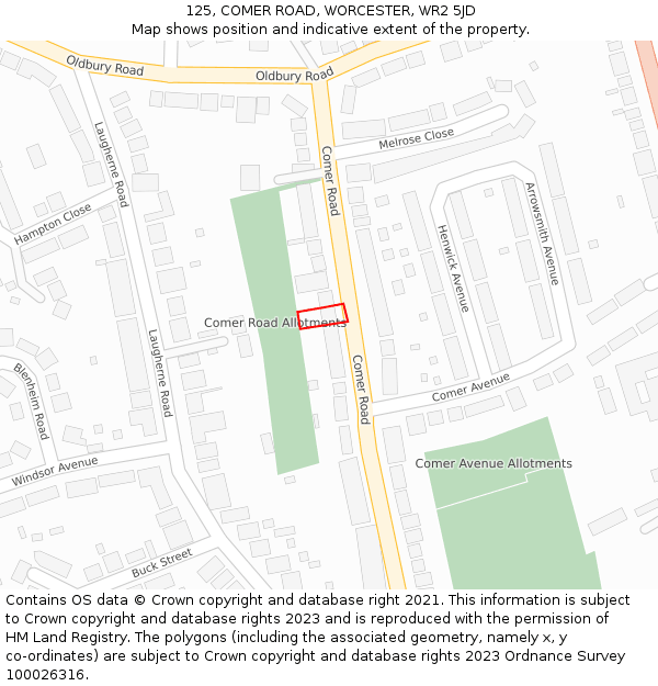 125, COMER ROAD, WORCESTER, WR2 5JD: Location map and indicative extent of plot