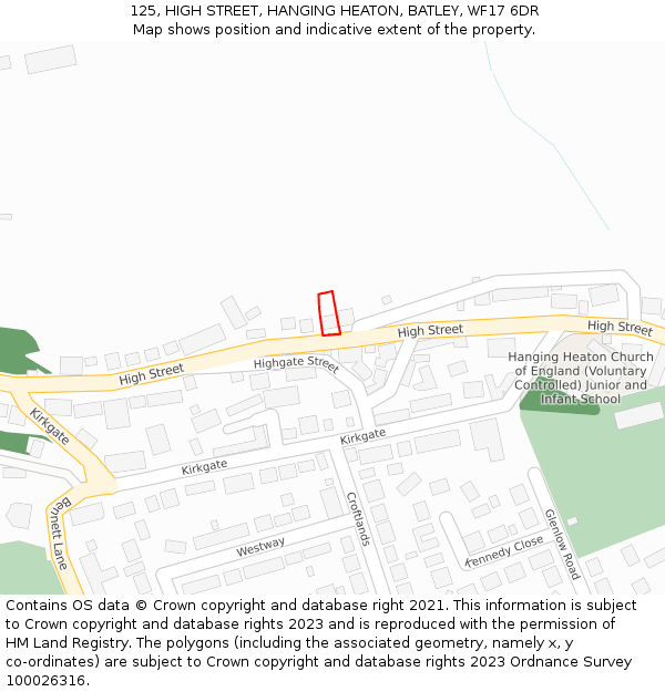 125, HIGH STREET, HANGING HEATON, BATLEY, WF17 6DR: Location map and indicative extent of plot