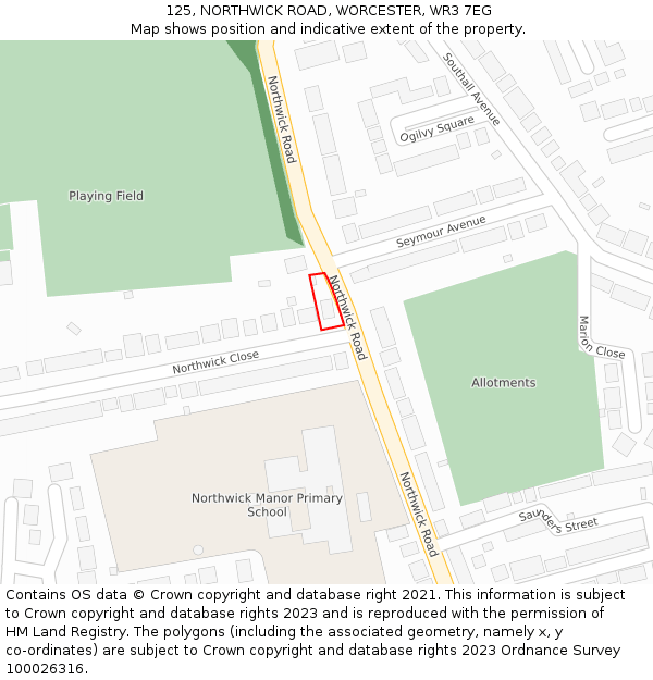 125, NORTHWICK ROAD, WORCESTER, WR3 7EG: Location map and indicative extent of plot