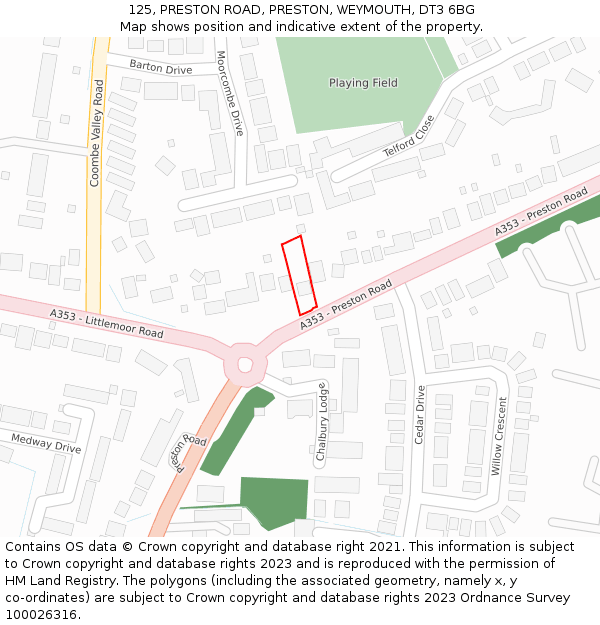 125, PRESTON ROAD, PRESTON, WEYMOUTH, DT3 6BG: Location map and indicative extent of plot