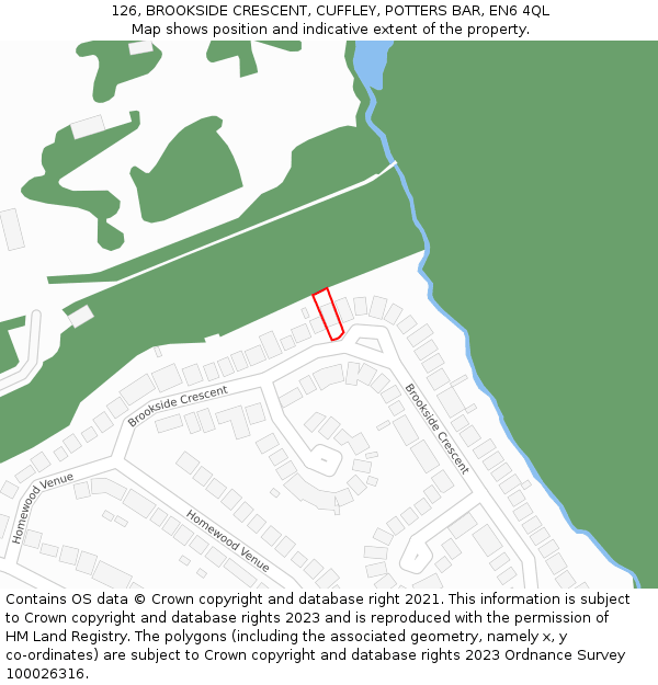 126, BROOKSIDE CRESCENT, CUFFLEY, POTTERS BAR, EN6 4QL: Location map and indicative extent of plot