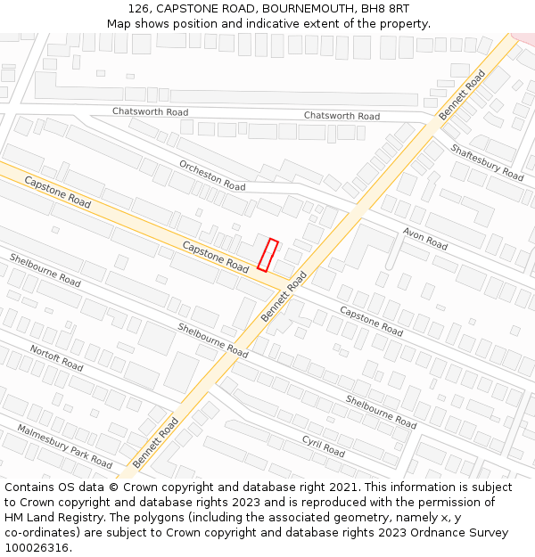126, CAPSTONE ROAD, BOURNEMOUTH, BH8 8RT: Location map and indicative extent of plot