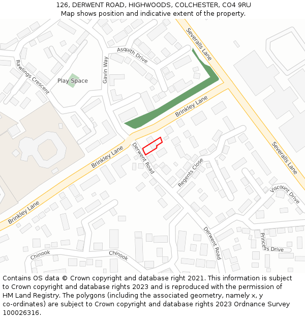 126, DERWENT ROAD, HIGHWOODS, COLCHESTER, CO4 9RU: Location map and indicative extent of plot