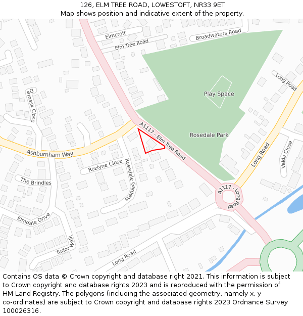 126, ELM TREE ROAD, LOWESTOFT, NR33 9ET: Location map and indicative extent of plot