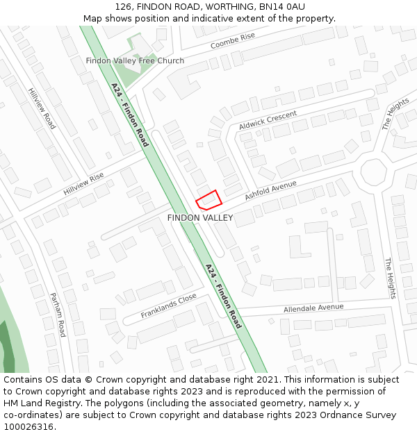 126, FINDON ROAD, WORTHING, BN14 0AU: Location map and indicative extent of plot