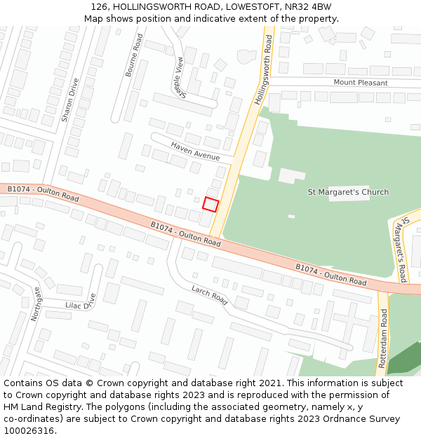126, HOLLINGSWORTH ROAD, LOWESTOFT, NR32 4BW: Location map and indicative extent of plot