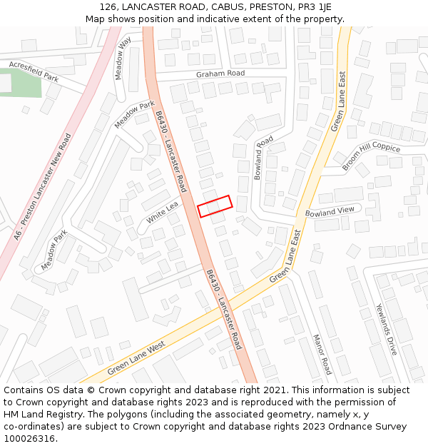126, LANCASTER ROAD, CABUS, PRESTON, PR3 1JE: Location map and indicative extent of plot