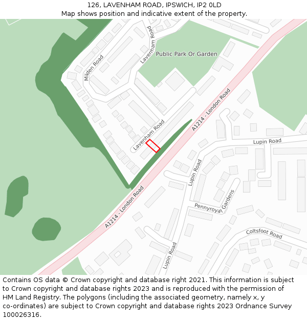 126, LAVENHAM ROAD, IPSWICH, IP2 0LD: Location map and indicative extent of plot
