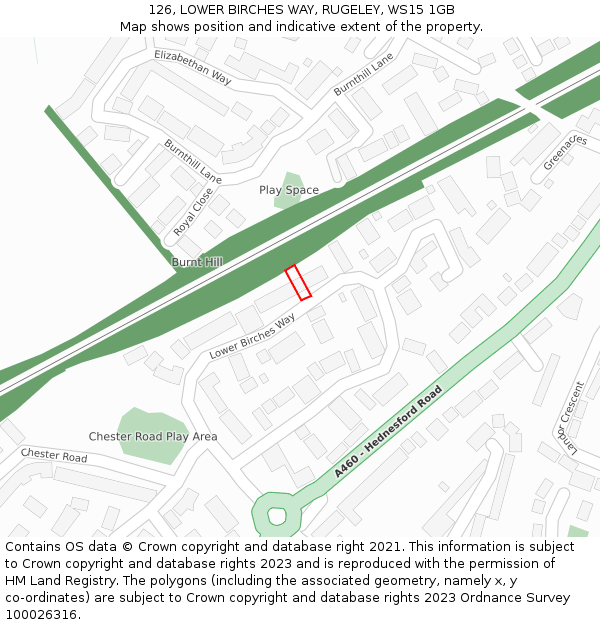 126, LOWER BIRCHES WAY, RUGELEY, WS15 1GB: Location map and indicative extent of plot