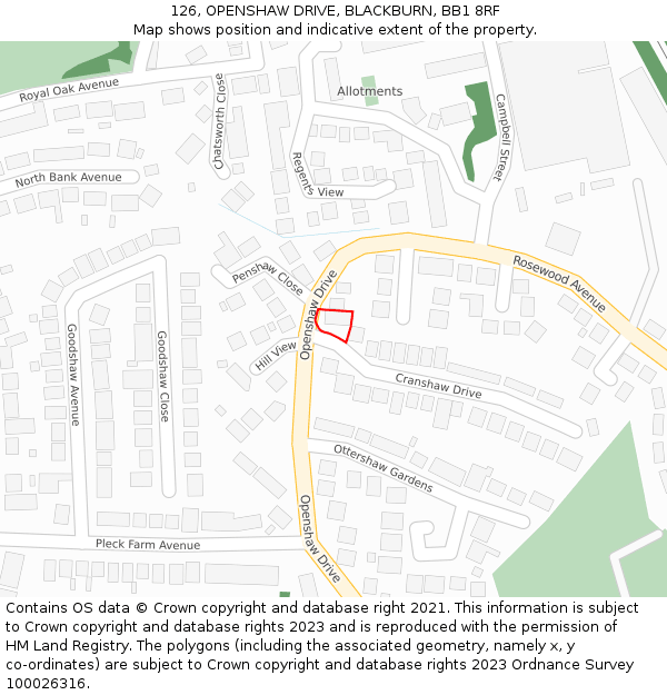 126, OPENSHAW DRIVE, BLACKBURN, BB1 8RF: Location map and indicative extent of plot