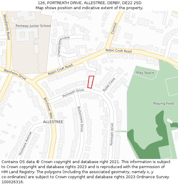 126, PORTREATH DRIVE, ALLESTREE, DERBY, DE22 2SD: Location map and indicative extent of plot