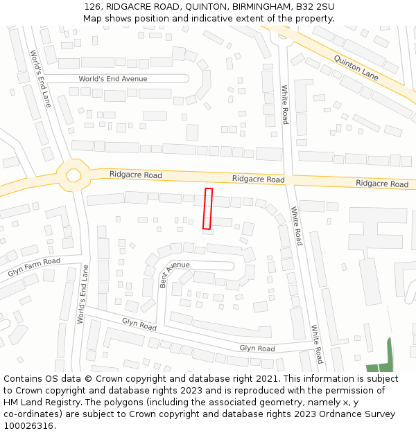 126, RIDGACRE ROAD, QUINTON, BIRMINGHAM, B32 2SU: Location map and indicative extent of plot