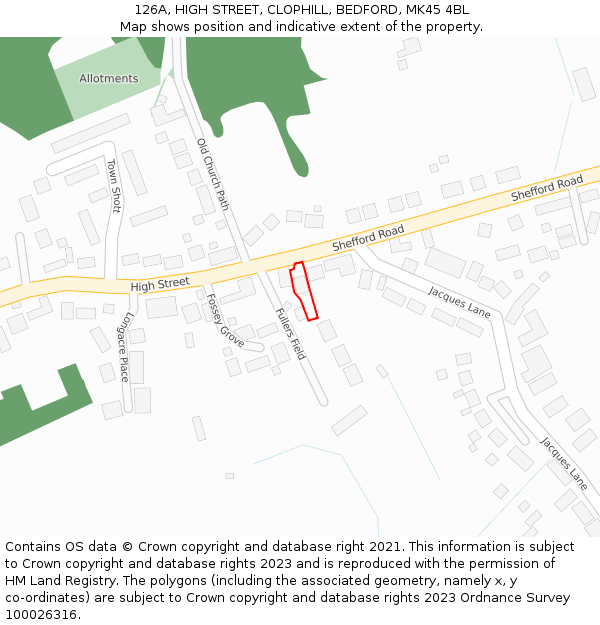 126A, HIGH STREET, CLOPHILL, BEDFORD, MK45 4BL: Location map and indicative extent of plot