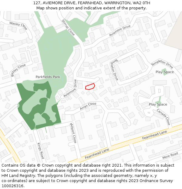 127, AVIEMORE DRIVE, FEARNHEAD, WARRINGTON, WA2 0TH: Location map and indicative extent of plot