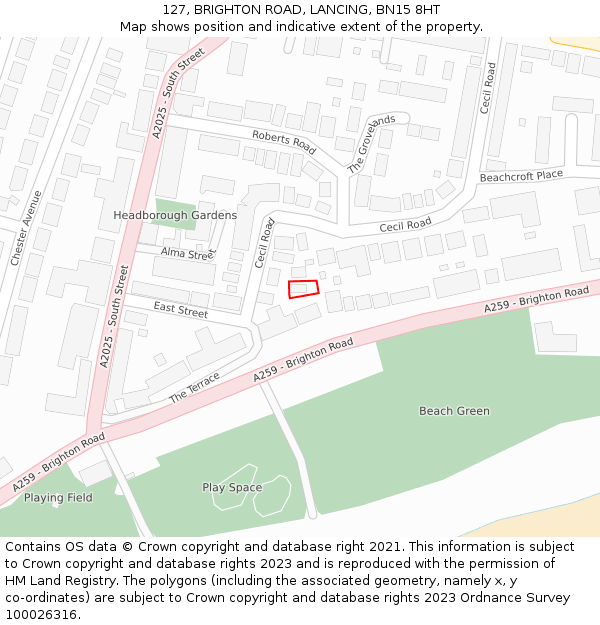 127, BRIGHTON ROAD, LANCING, BN15 8HT: Location map and indicative extent of plot