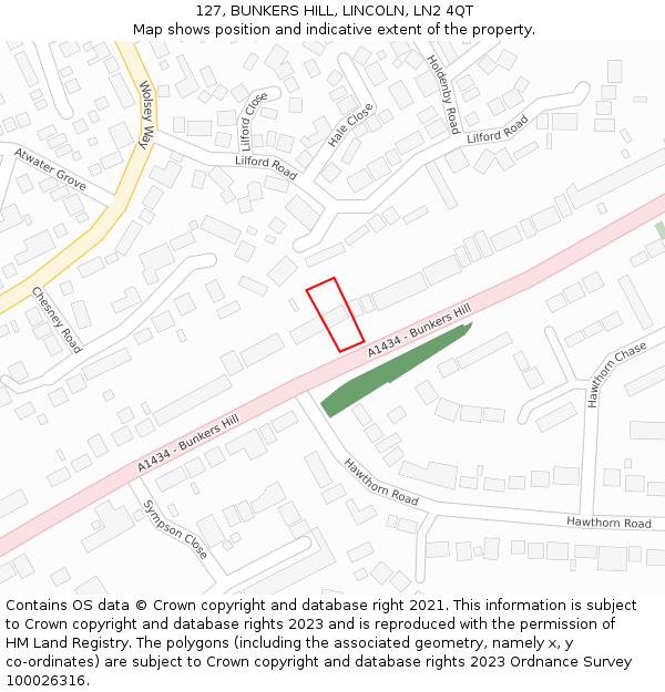 127, BUNKERS HILL, LINCOLN, LN2 4QT: Location map and indicative extent of plot