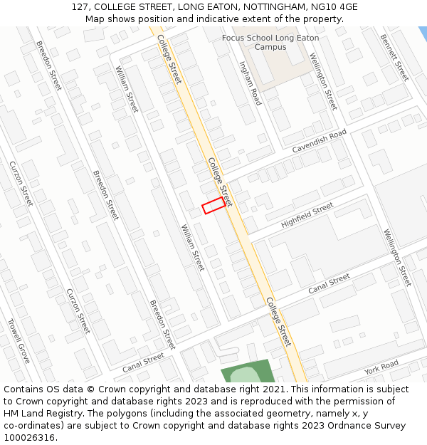 127, COLLEGE STREET, LONG EATON, NOTTINGHAM, NG10 4GE: Location map and indicative extent of plot