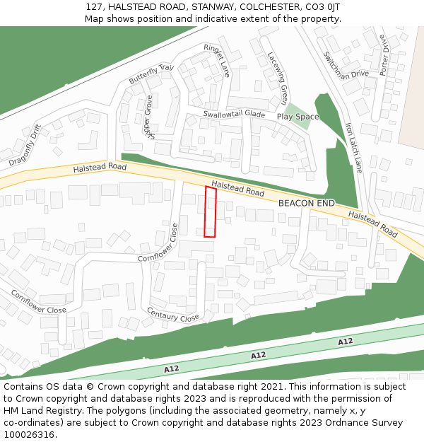 127, HALSTEAD ROAD, STANWAY, COLCHESTER, CO3 0JT: Location map and indicative extent of plot