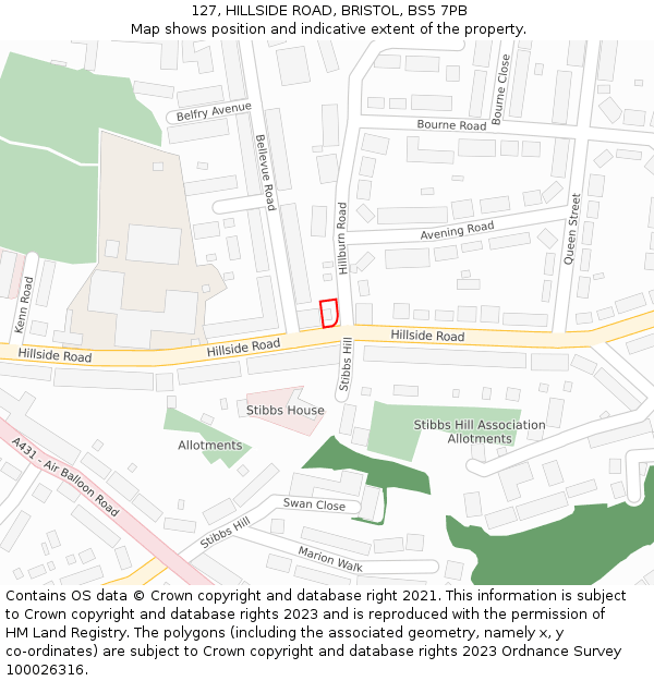 127, HILLSIDE ROAD, BRISTOL, BS5 7PB: Location map and indicative extent of plot