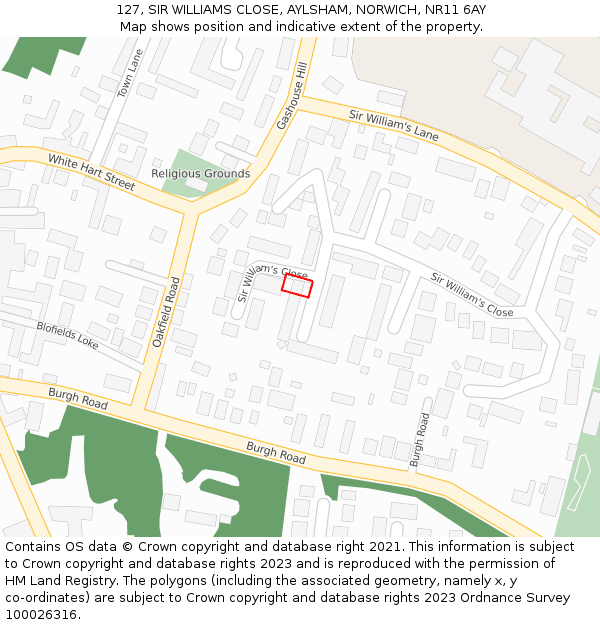 127, SIR WILLIAMS CLOSE, AYLSHAM, NORWICH, NR11 6AY: Location map and indicative extent of plot